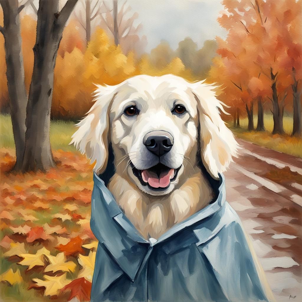 Golden Retriever in Raincoat: Gouache Impressionist Style