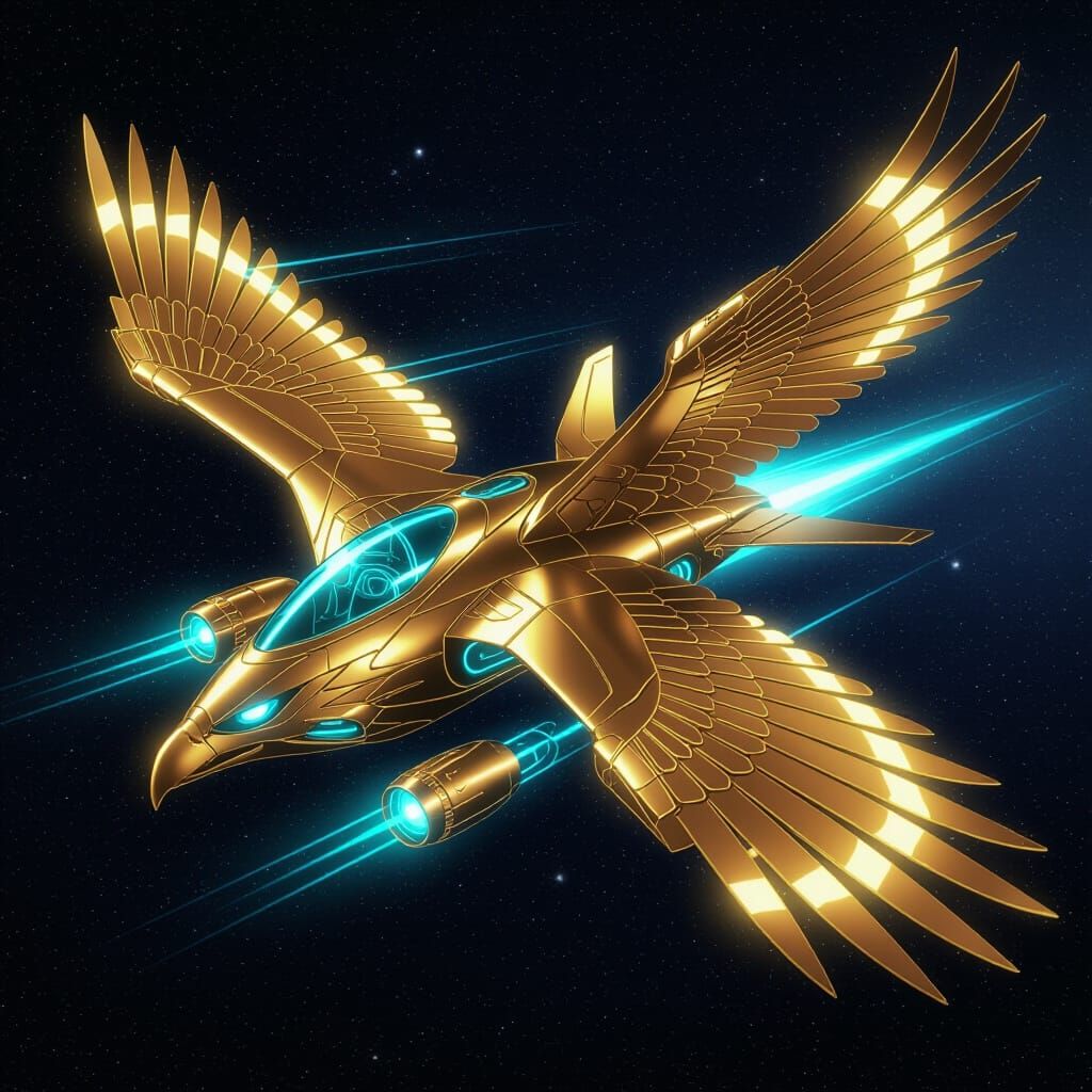 Mechanical Eagle Spaceship Soars Through Star-Streaked Space