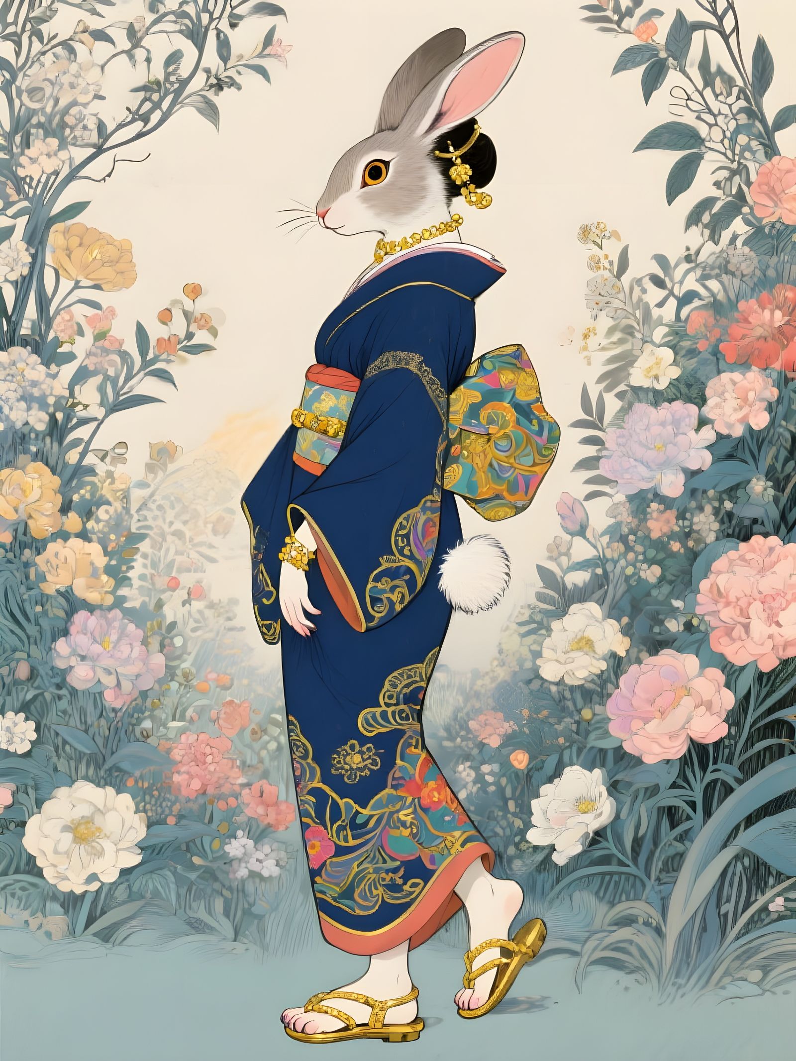 Geisha Rabbit in Blue Kimono with Gold Embroidery, Art Nouve...
