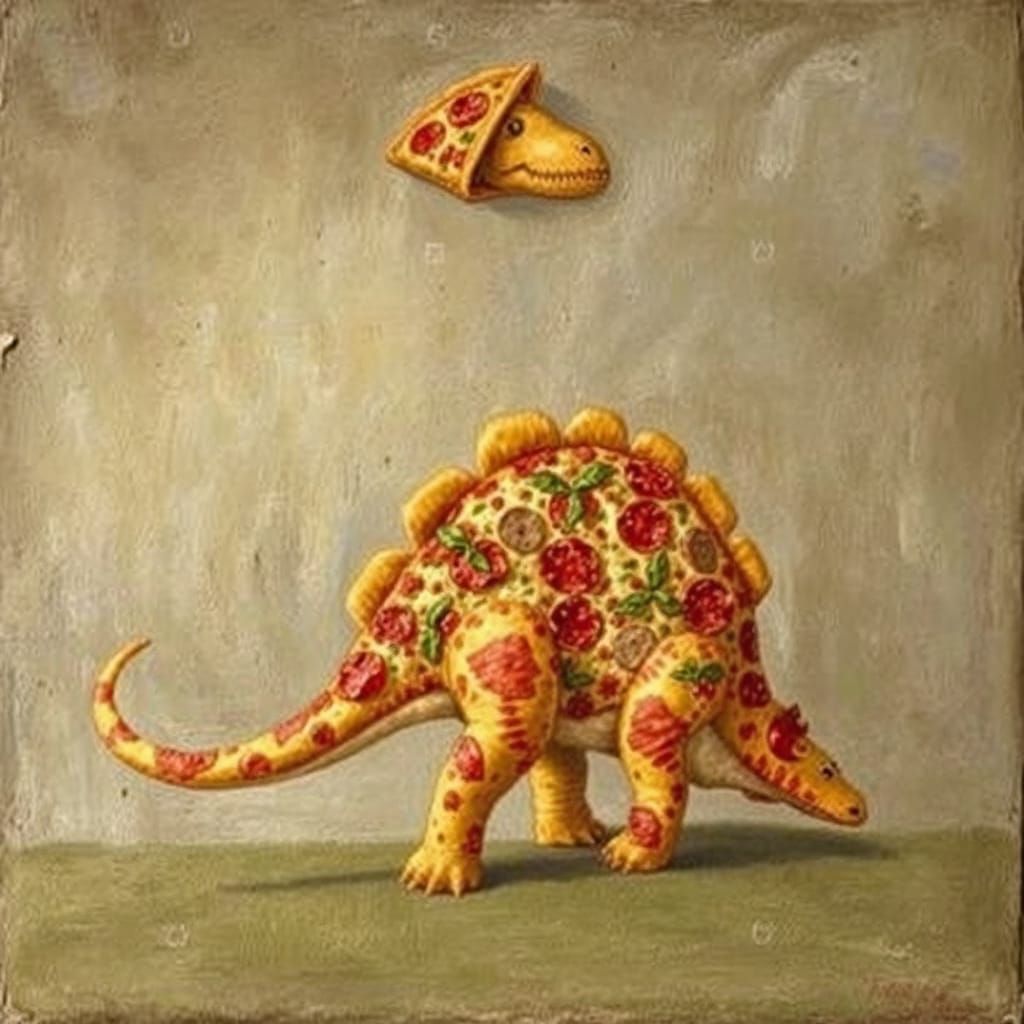 Diplodocus in Pizza Hat, Bosch and Rauschenberg Style