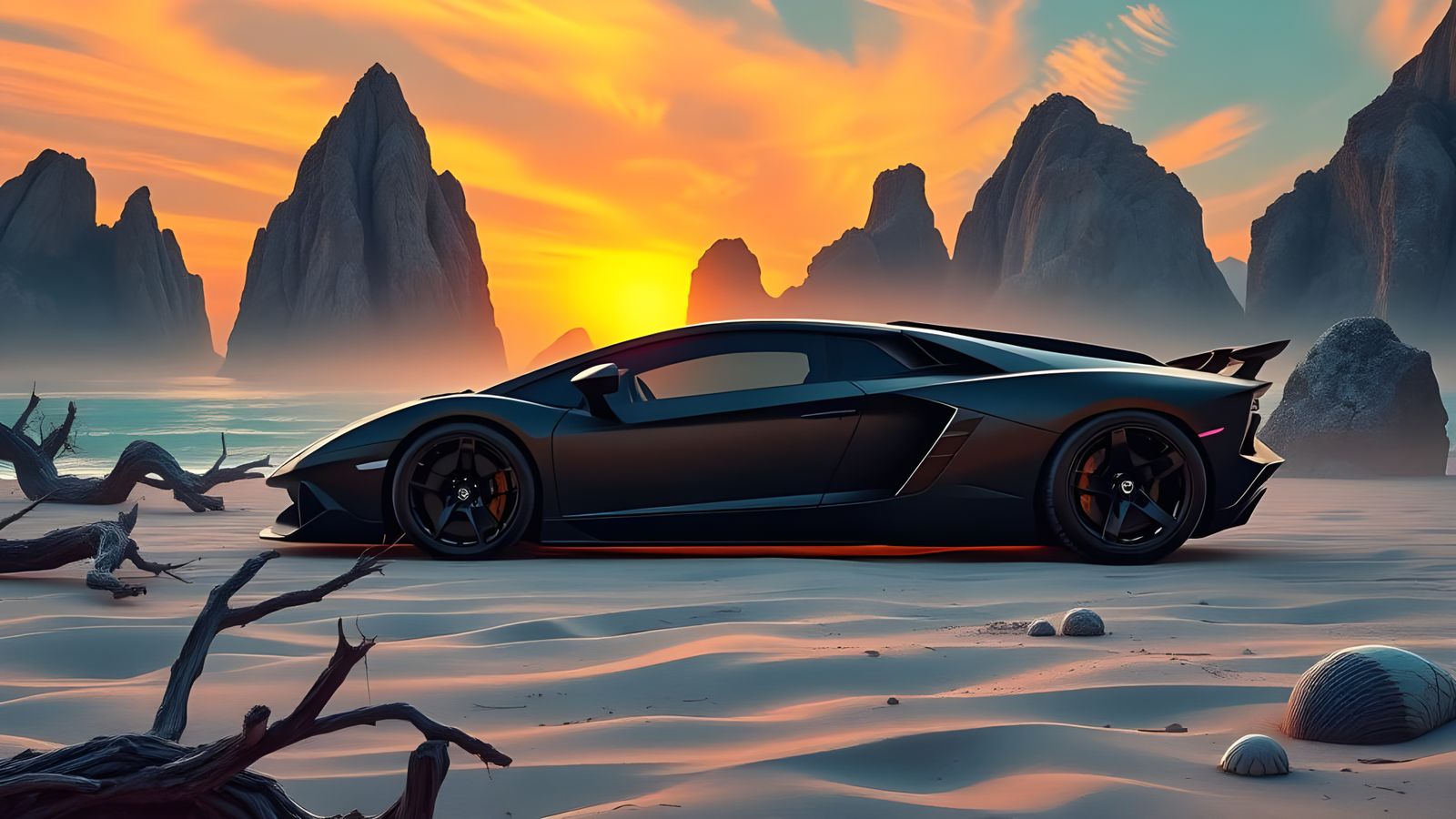 Lamborghini Aventador on Sun-Kissed Beach at Dusk in Retro-F...