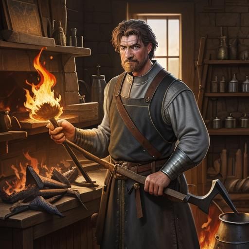 Medieval Blacksmith in Shop as Oil Painting