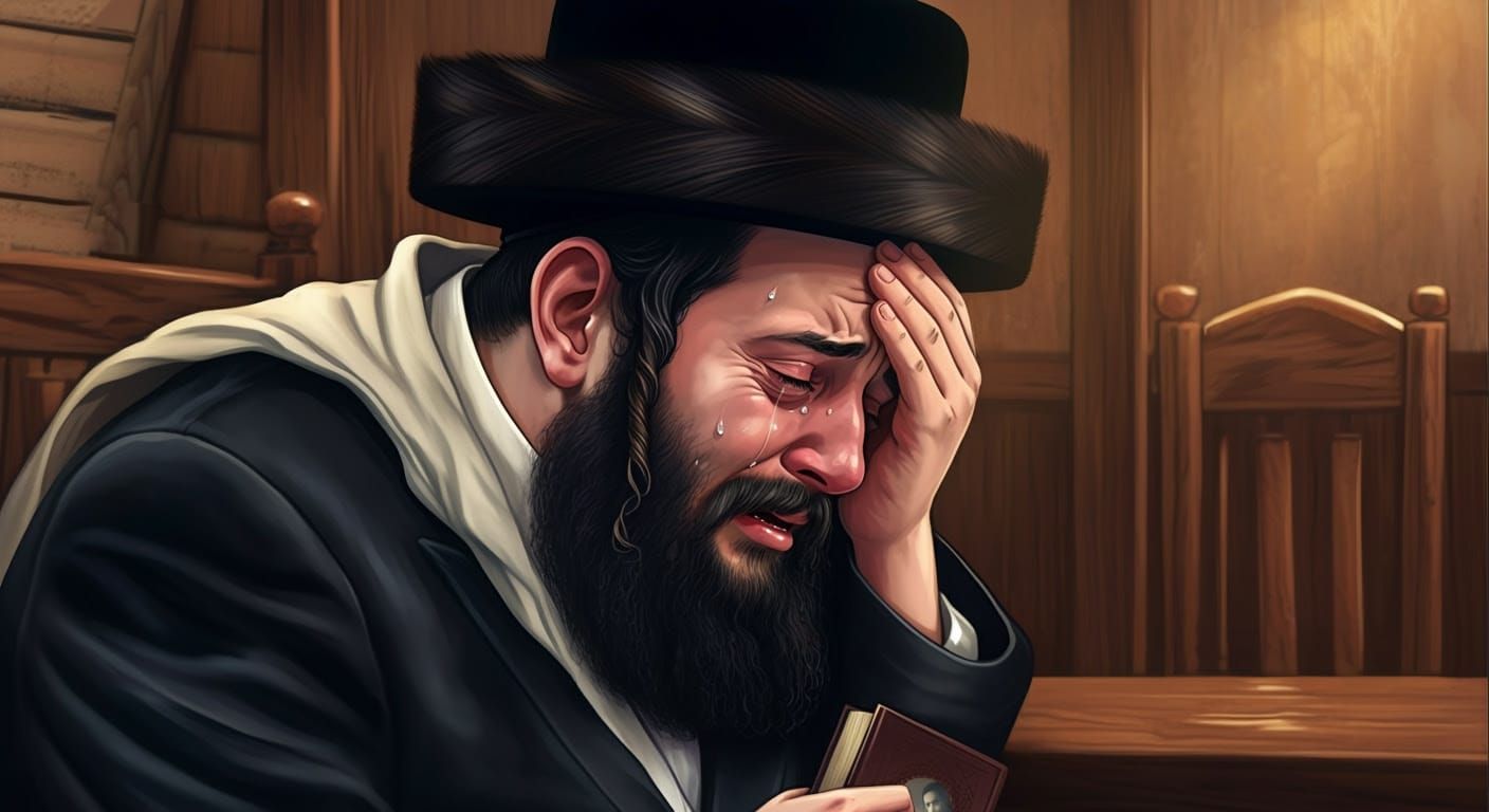 Emotional Hasidic Man in Traditional Synagogue Setting