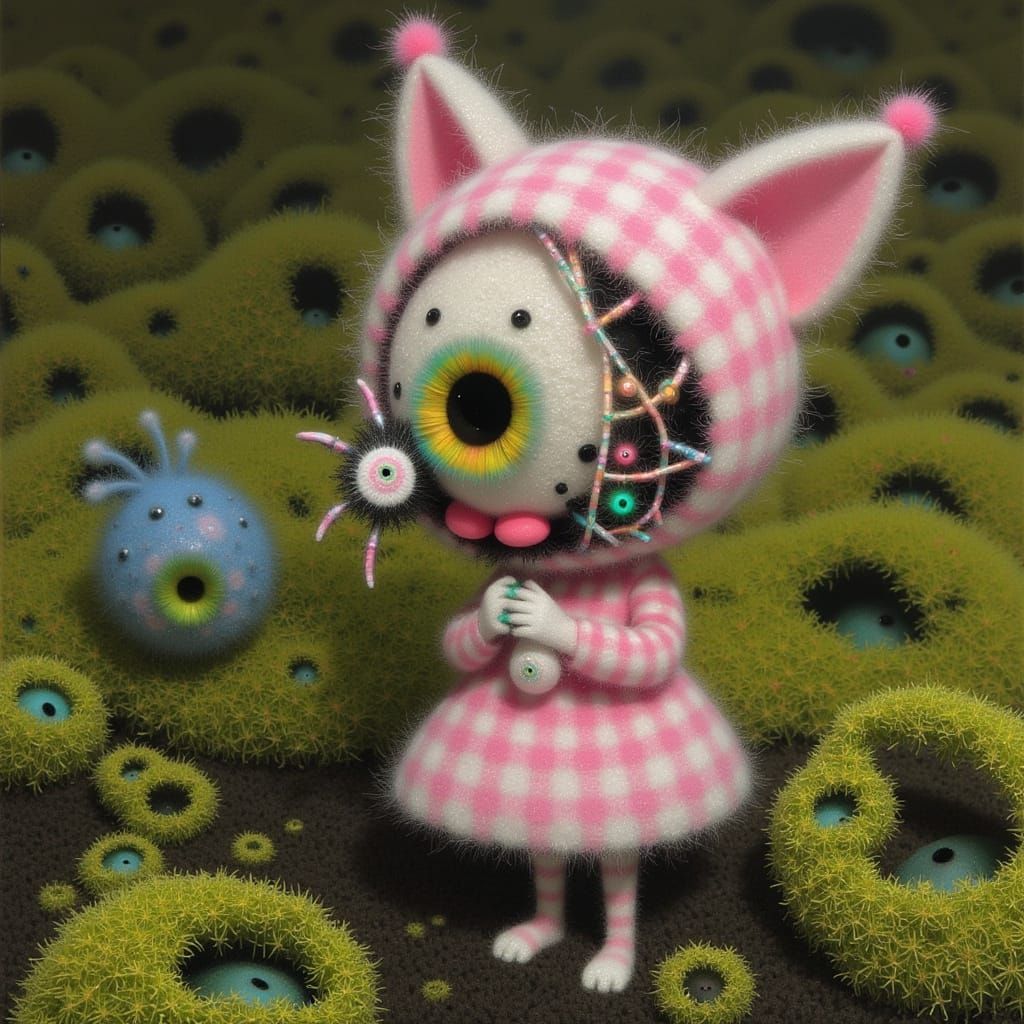 Whimsical Houndstooth Cat in a Mossy Landscape