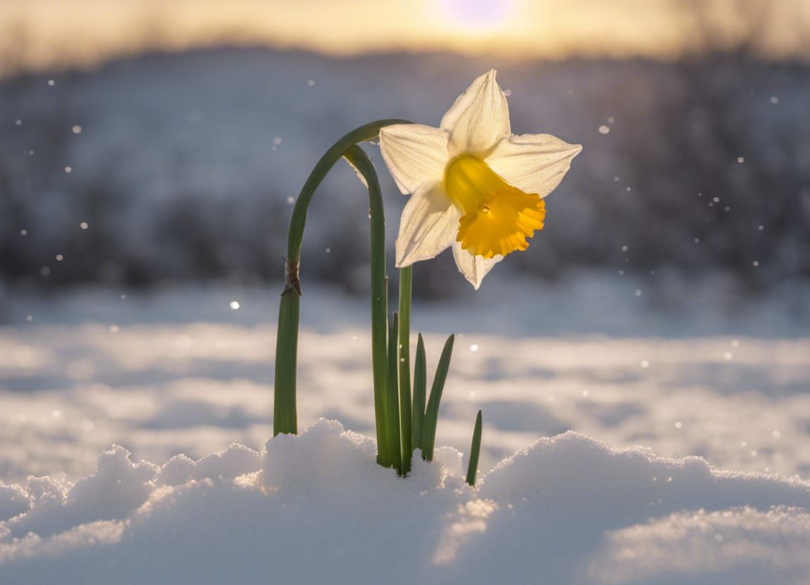 Daffodil Blooms Through Winter Snow at Magic Hour