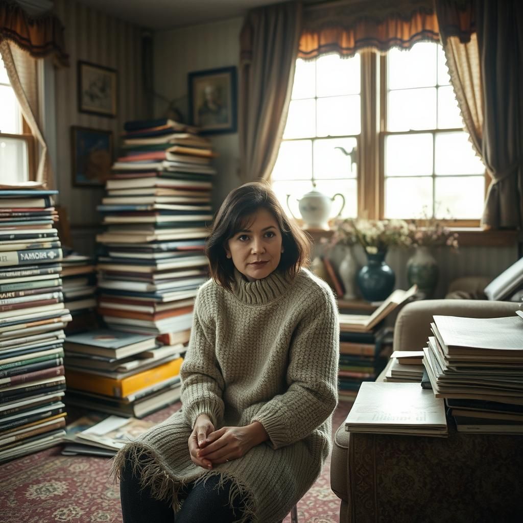 Woman in Cluttered Room Bathed in Sunlight