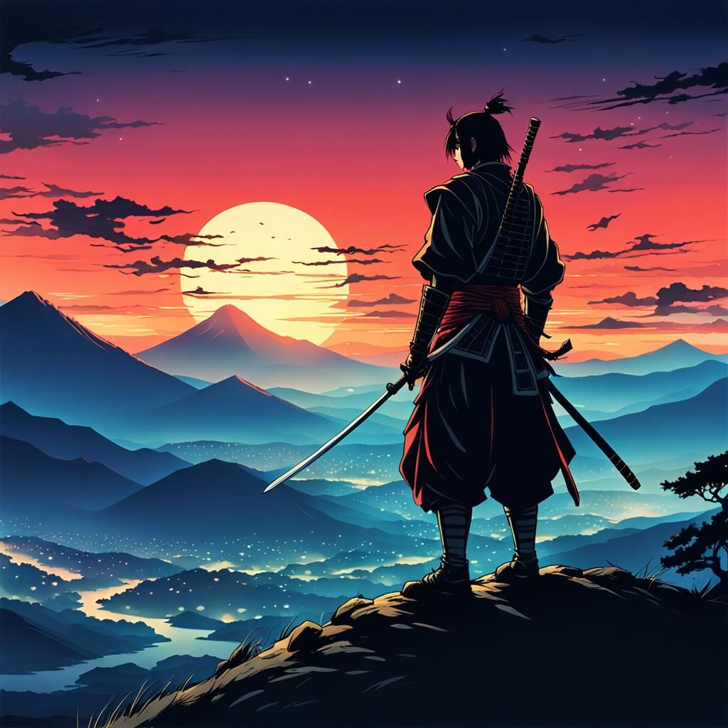 Lone Samurai Silhouette at Sunset in Anime Style