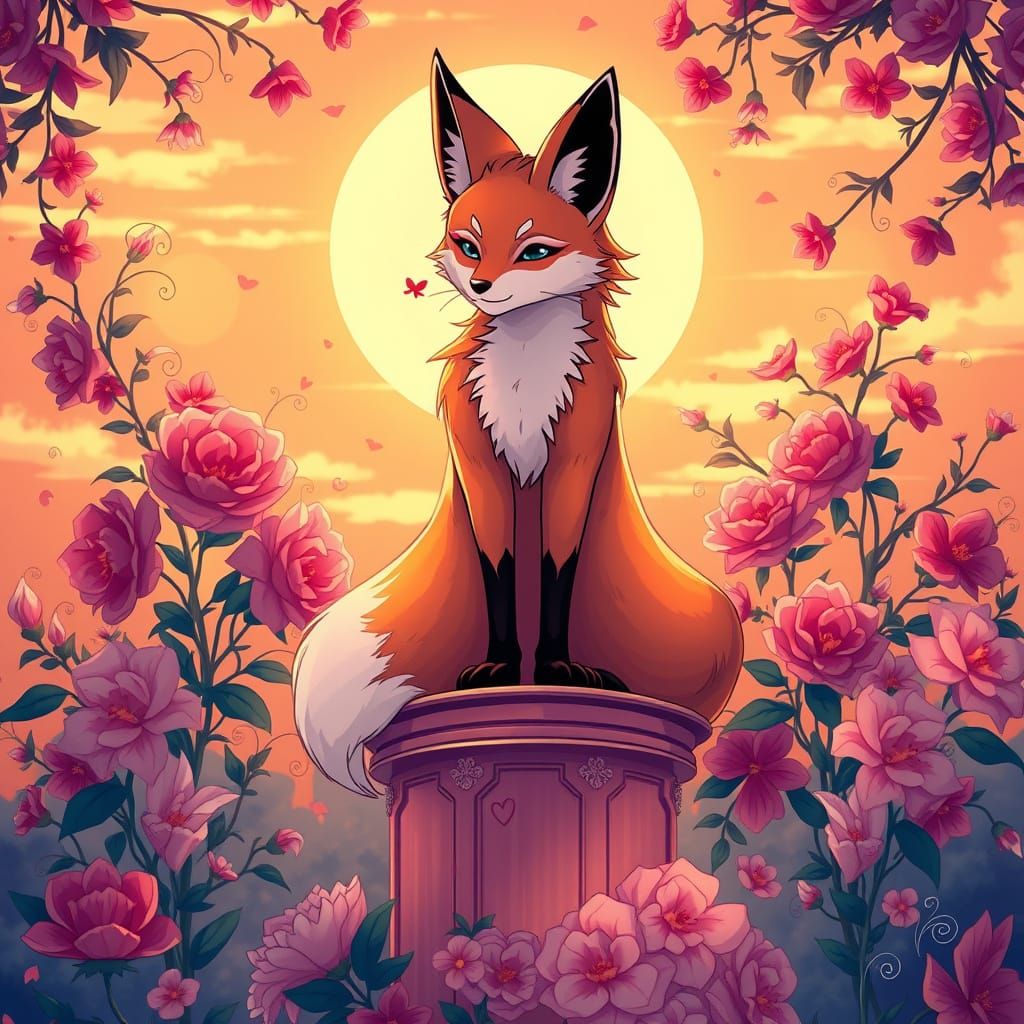 Majestic Valentine Fox Amidst Vibrant Floral Patterns