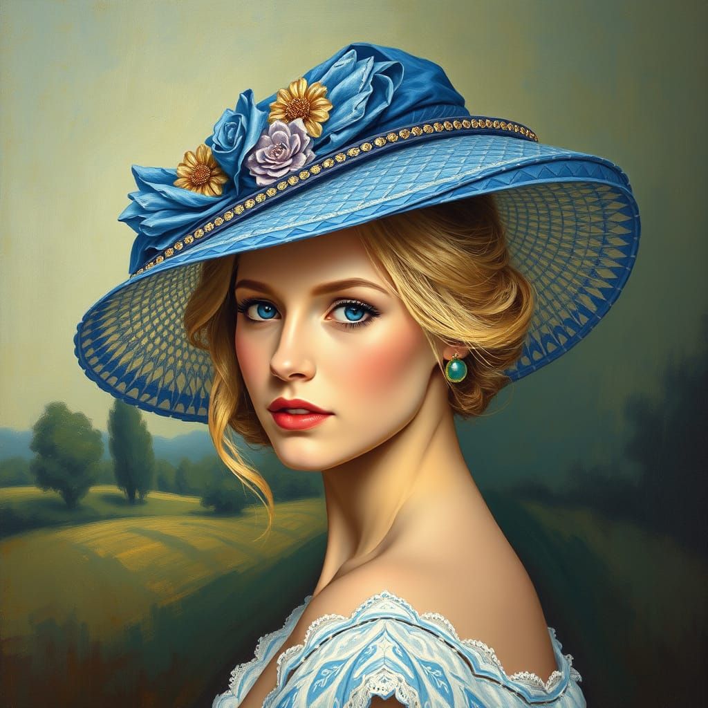 Elegant Woman in Blue Decorated Hat Wallpaper Landscape
