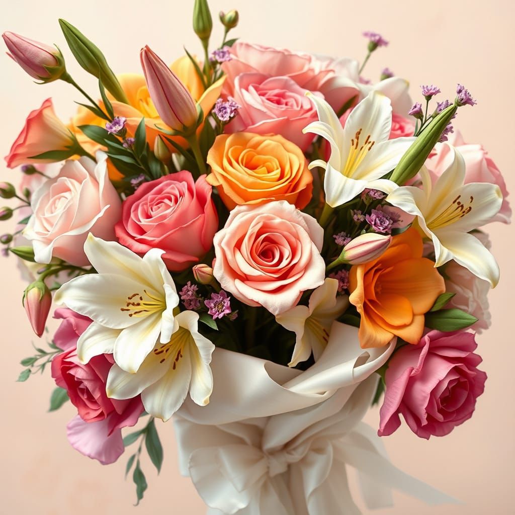 Pastel Bouquet of Roses and Lilies in Impressionist Style