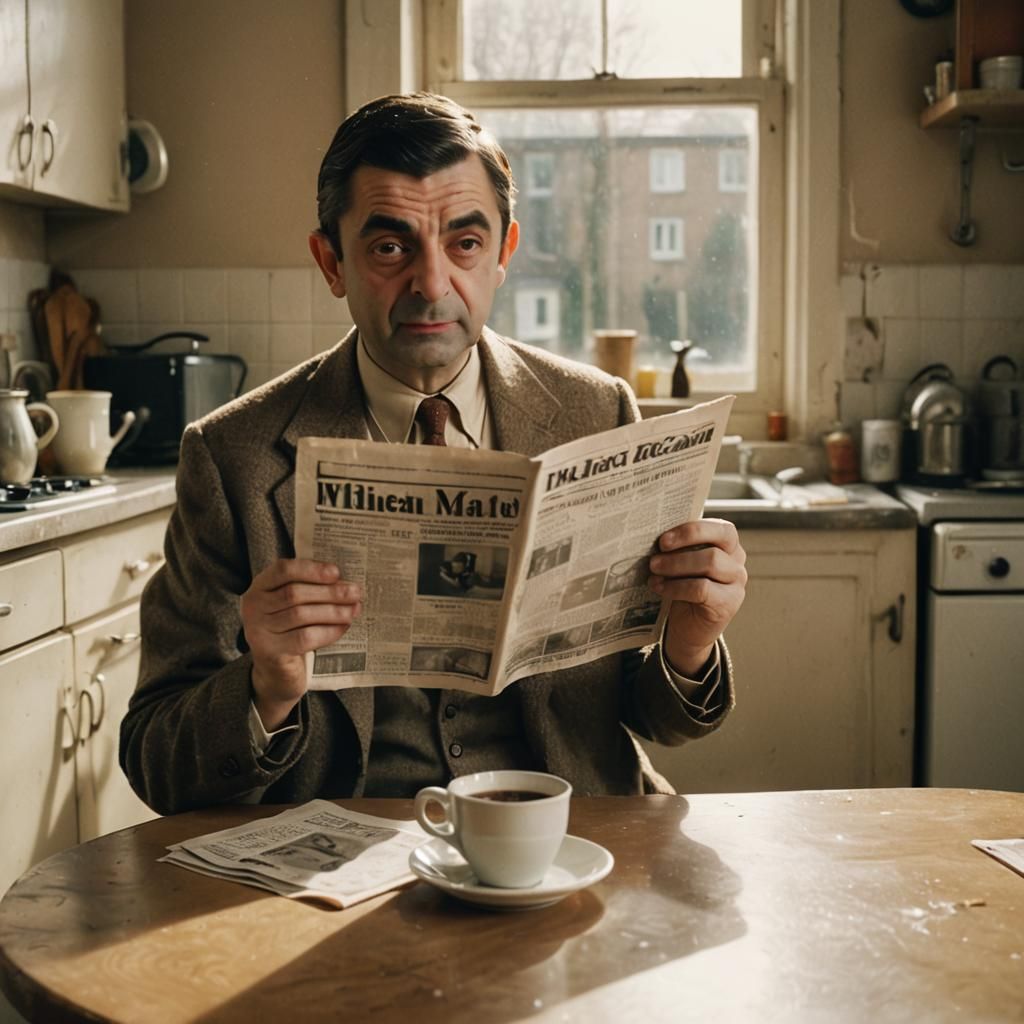 Mr. Bean in Grimy Apartment: Cinematic Film Still