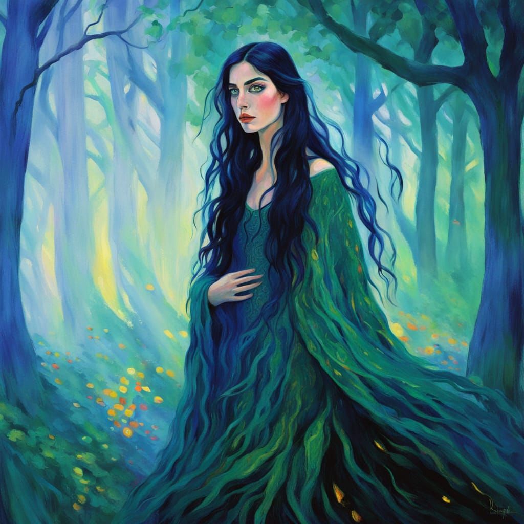 Morgaine in Mystical Forest: Fauvism Expressionist Portrait