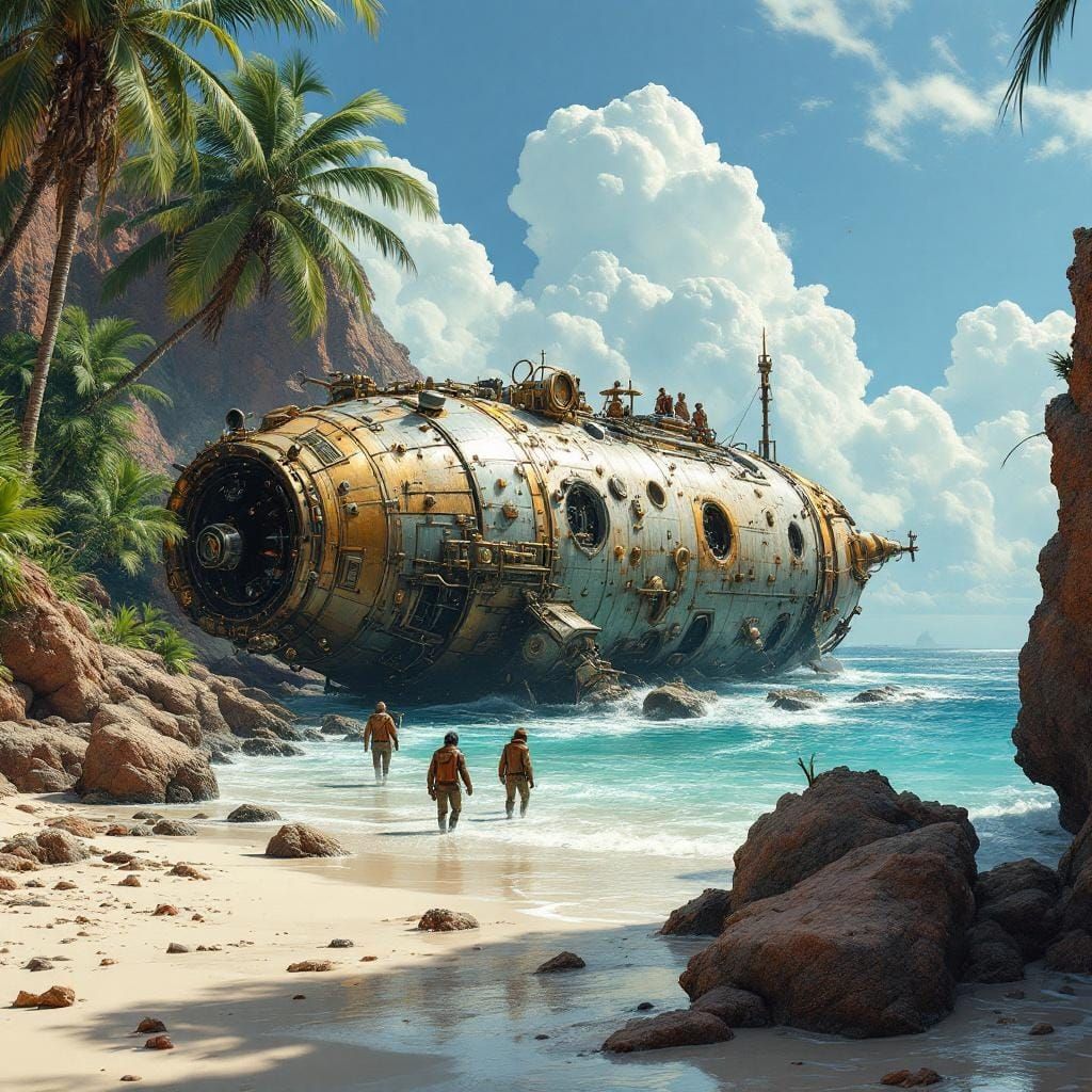 Steampunk Capsule Wreckage on Alien Shore