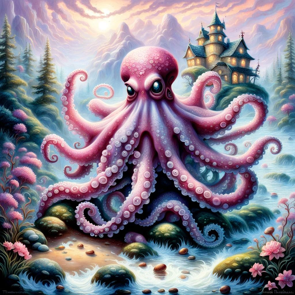 Pink Octopus Guards Eggs in Ethereal Fantasy Style