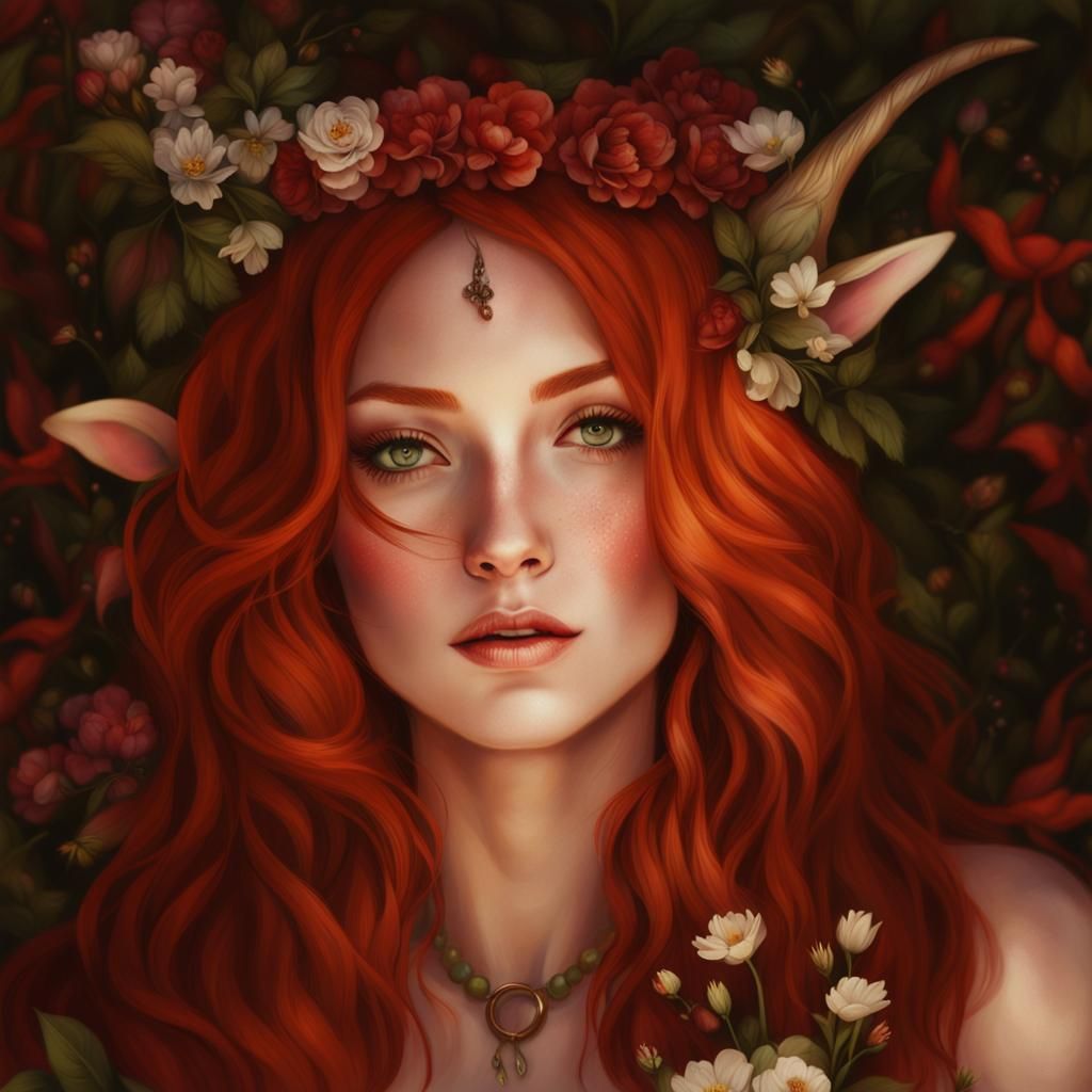 Red-Haired Goddess with Fawn Horns and Flowers