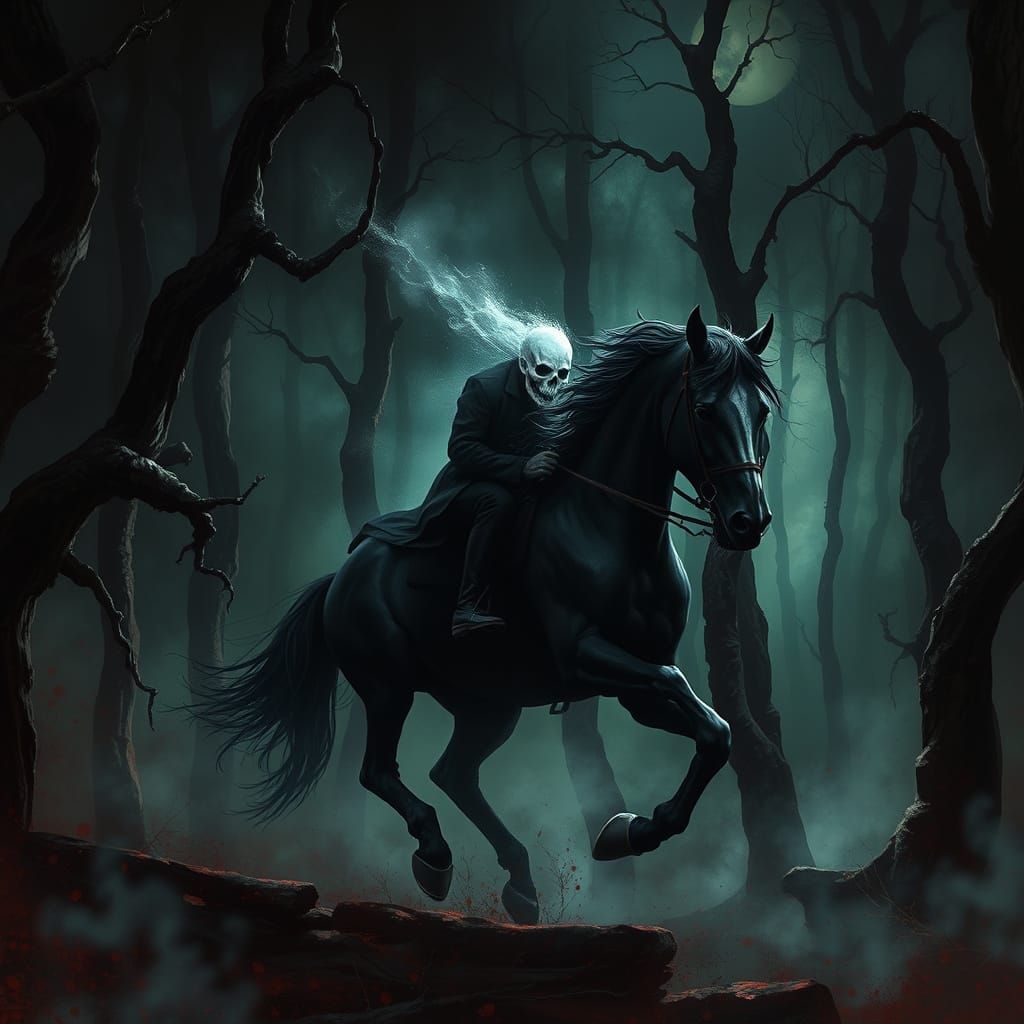 Headless Horseman Rides Through Dark, Foreboding Forest in a...