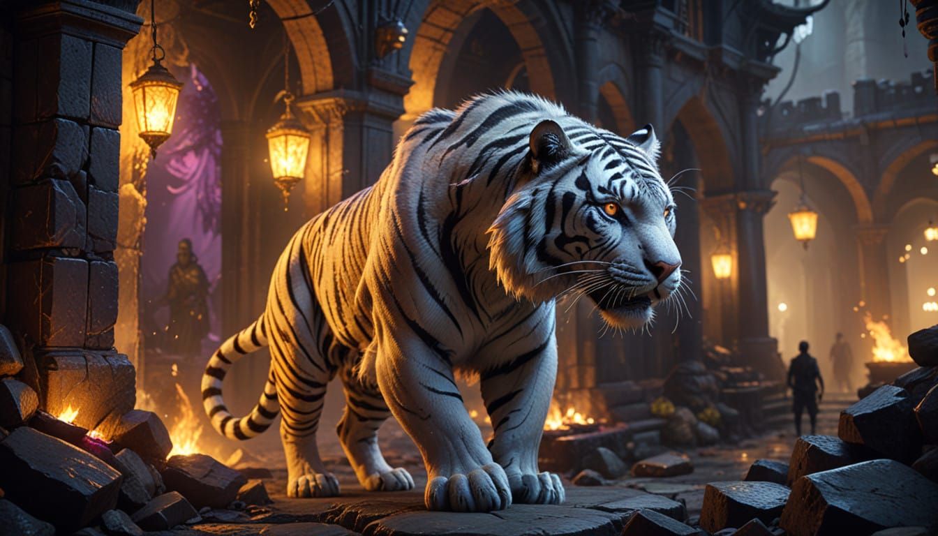 Majestic White Tiger in Dark Fantasy Landscape