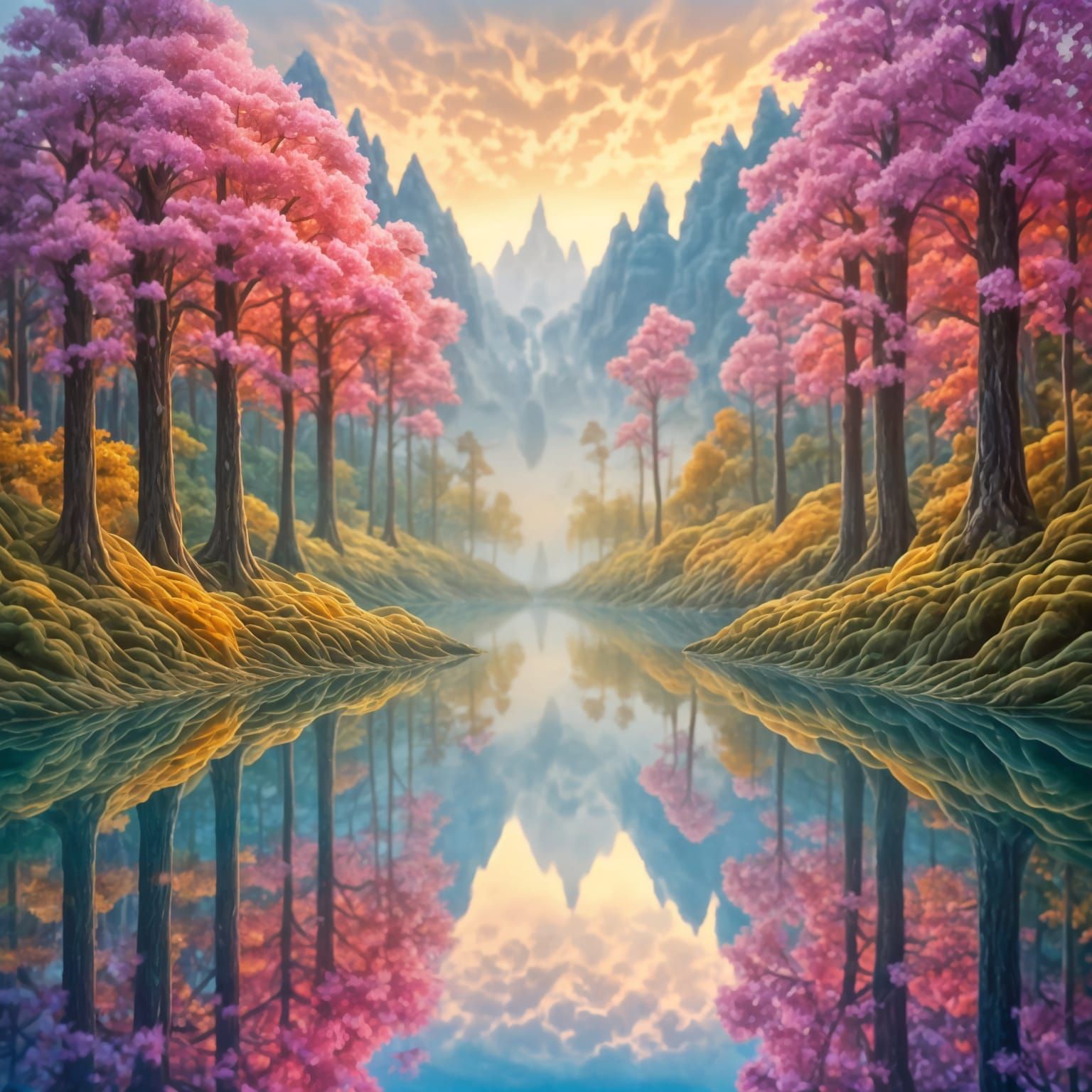 Symmetrical Forest Reflected in Calm Water