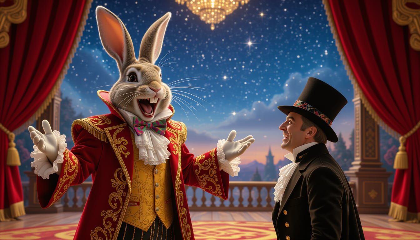 Laughing Rabbit Mocking Magician in Ornate Theatre