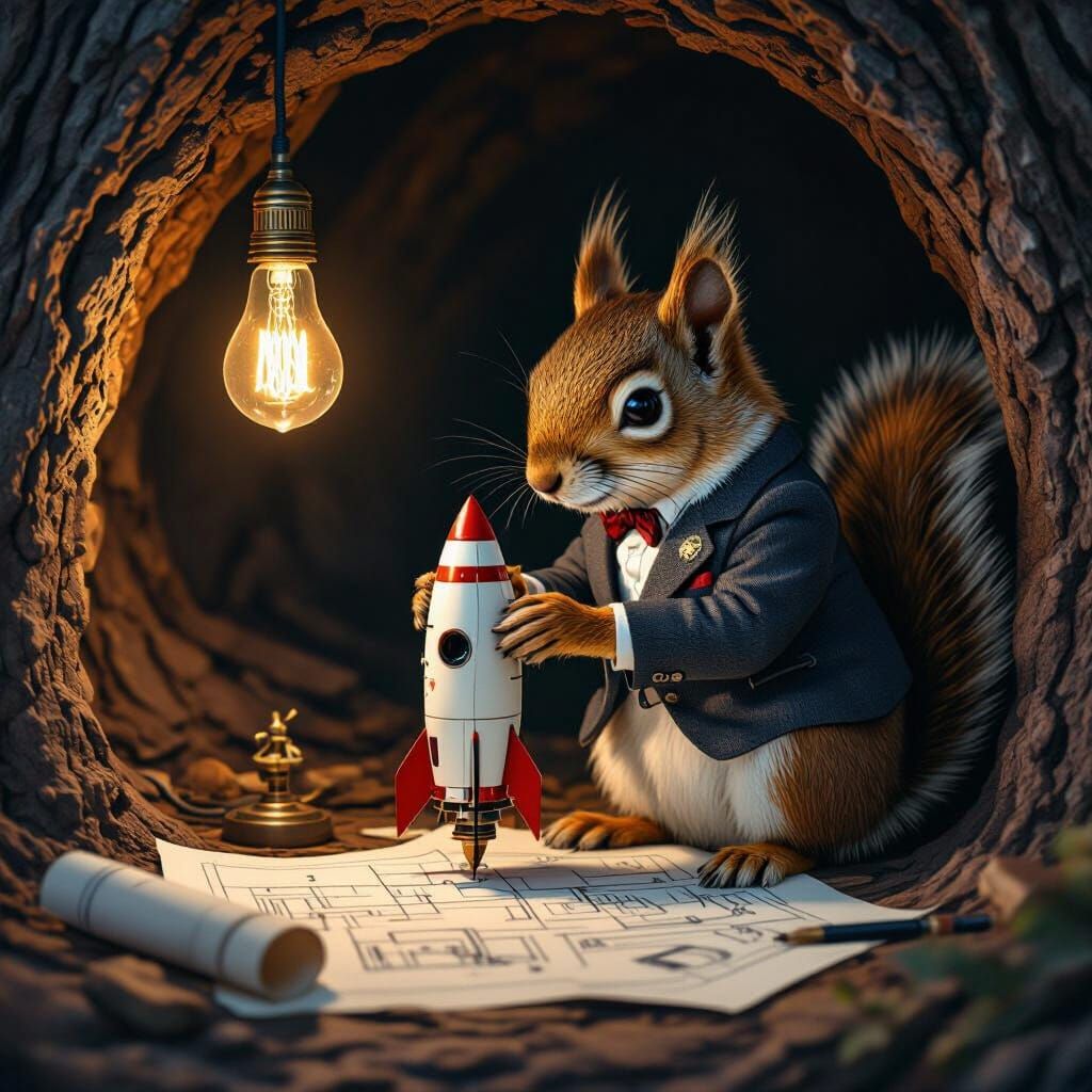 Squirrel in Vintage Suit Builds Rocket Ship in Tree Hollow