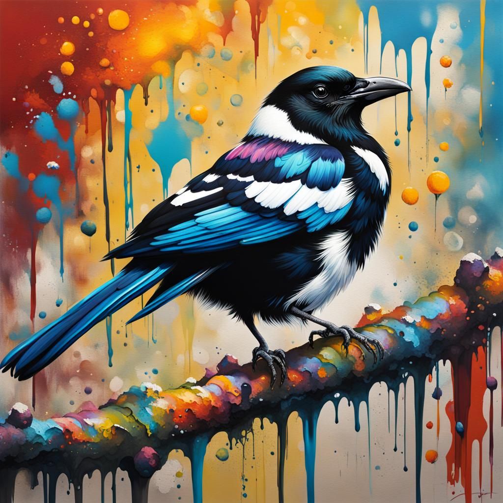Magpie on Gumtree Branch in Graffiti Art