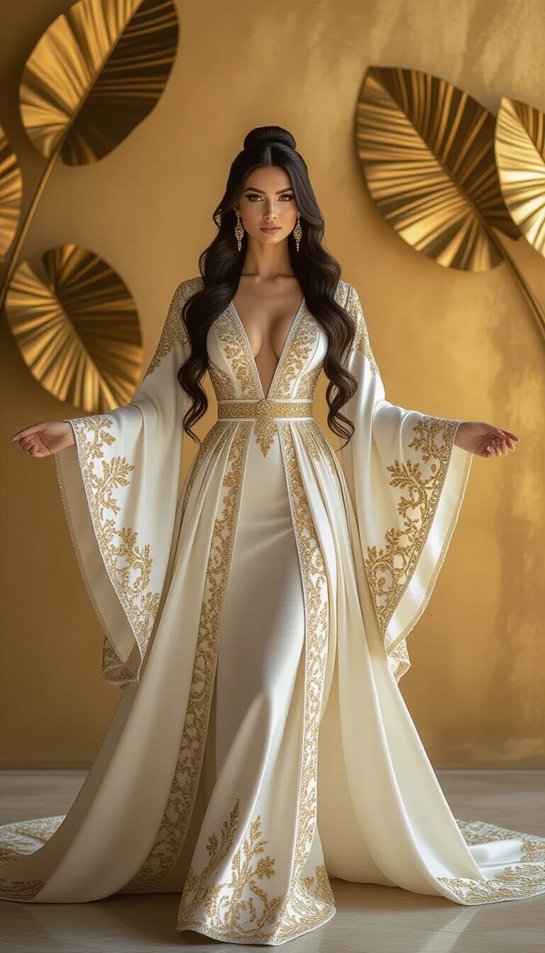 Golden Woman in Flowing Silk Gown