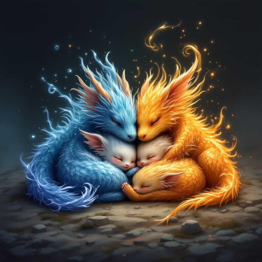 Elemental Baby Creatures in a Fantasy Landscape