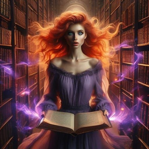 Young Woman in Whimsical Library with Glowing Orbs