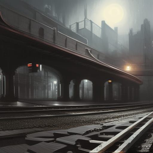Industrial Train Station in Dark City: Hyperdetailed Concept...