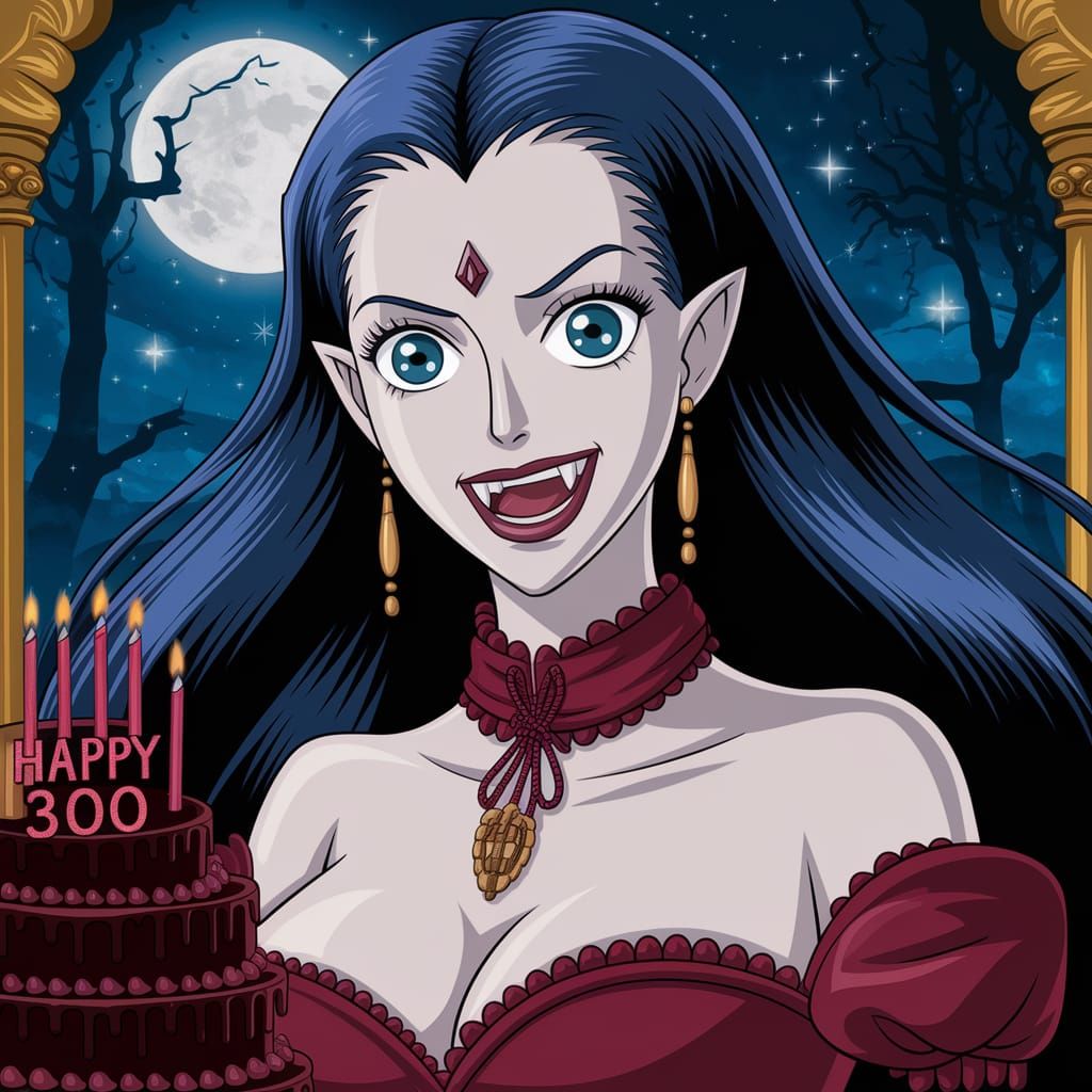 A vampire duchess celebrating her 300th birthday. The rich chocolate red velvet cake has "Happy 300" on it in frosting. ...