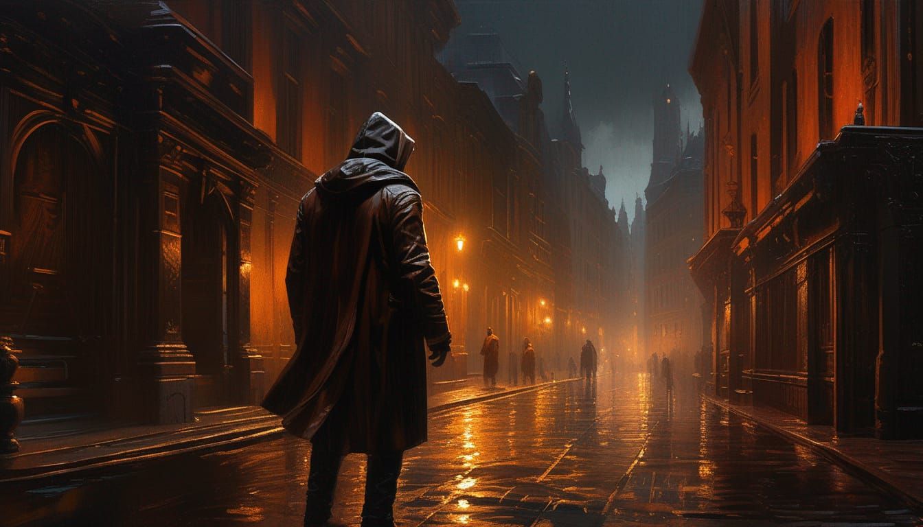 Hooded Man in Rainy 19th Century Street, Oil Painting