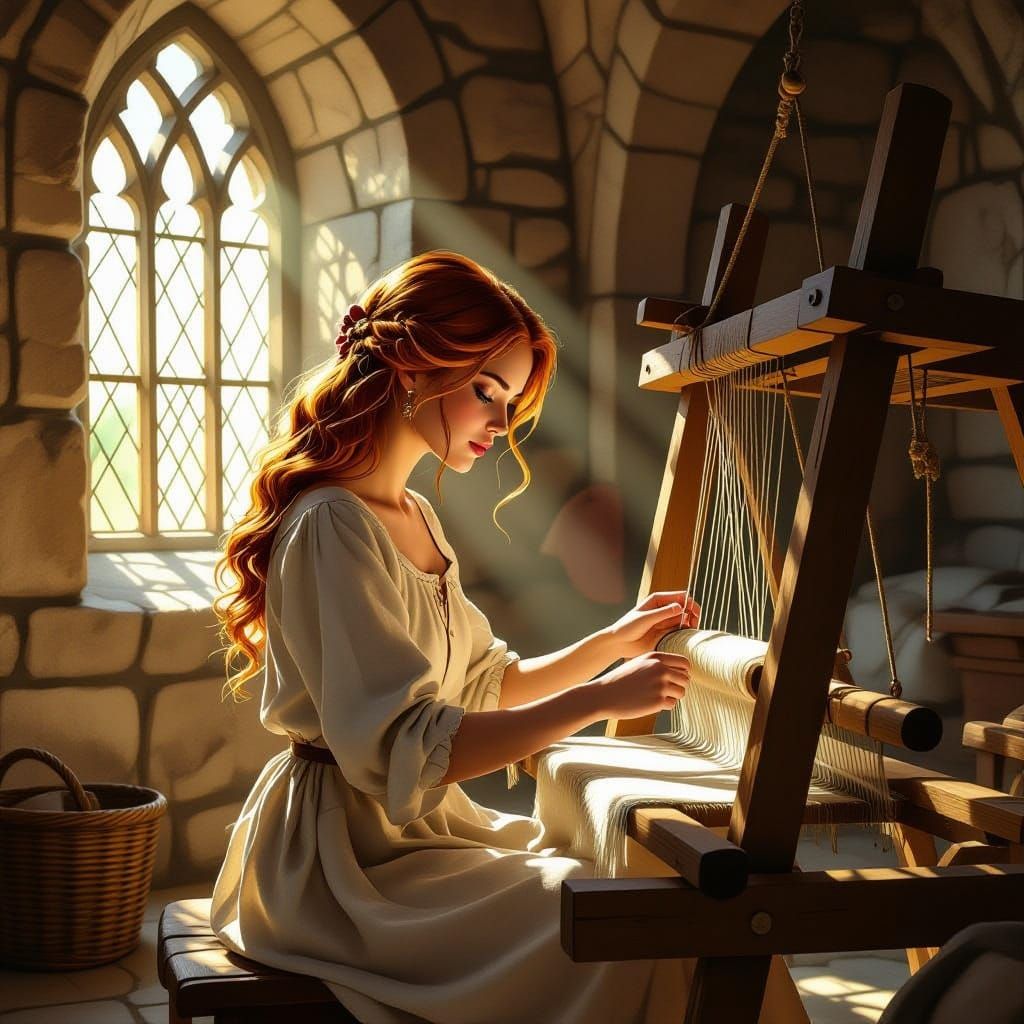 Medieval Lady Weaving in Castle, Comic Book Style