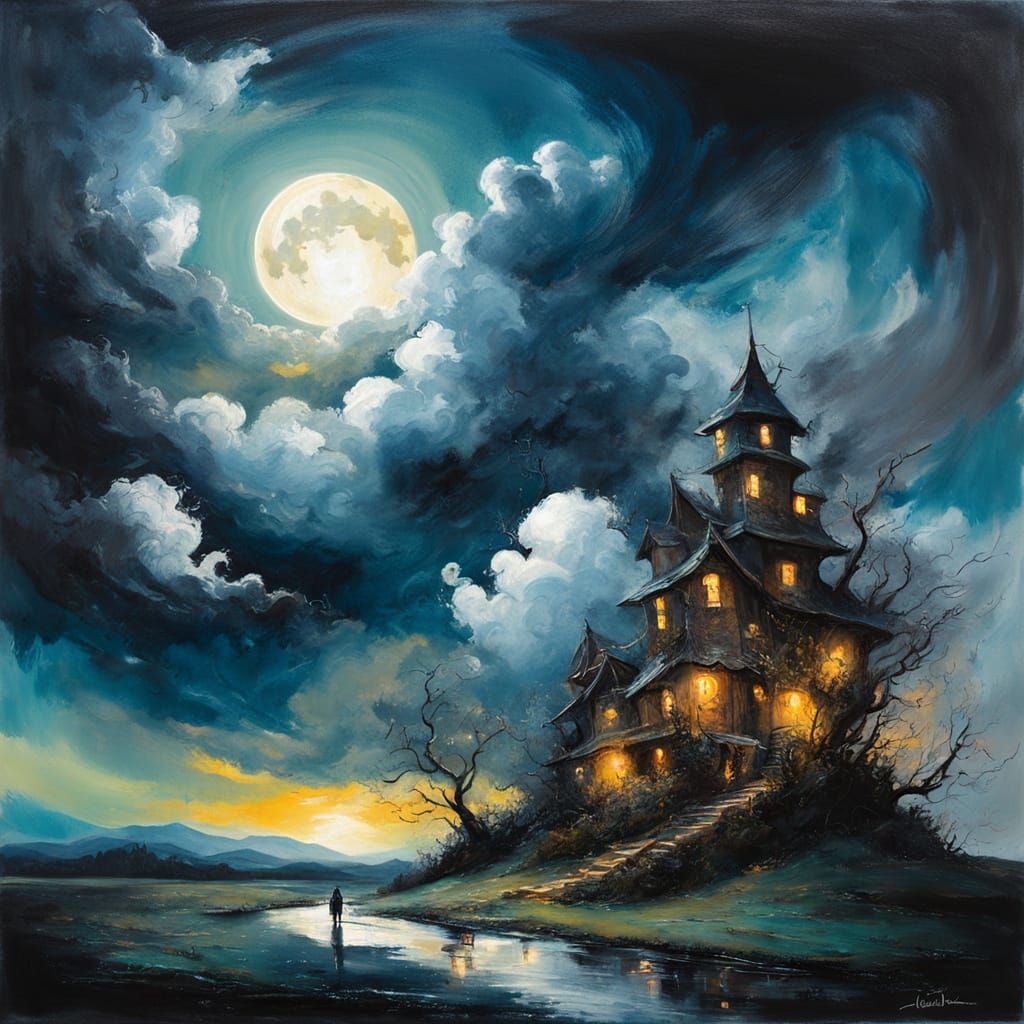 Ominous Moonlight Fantasy Clouds as Action Painting
