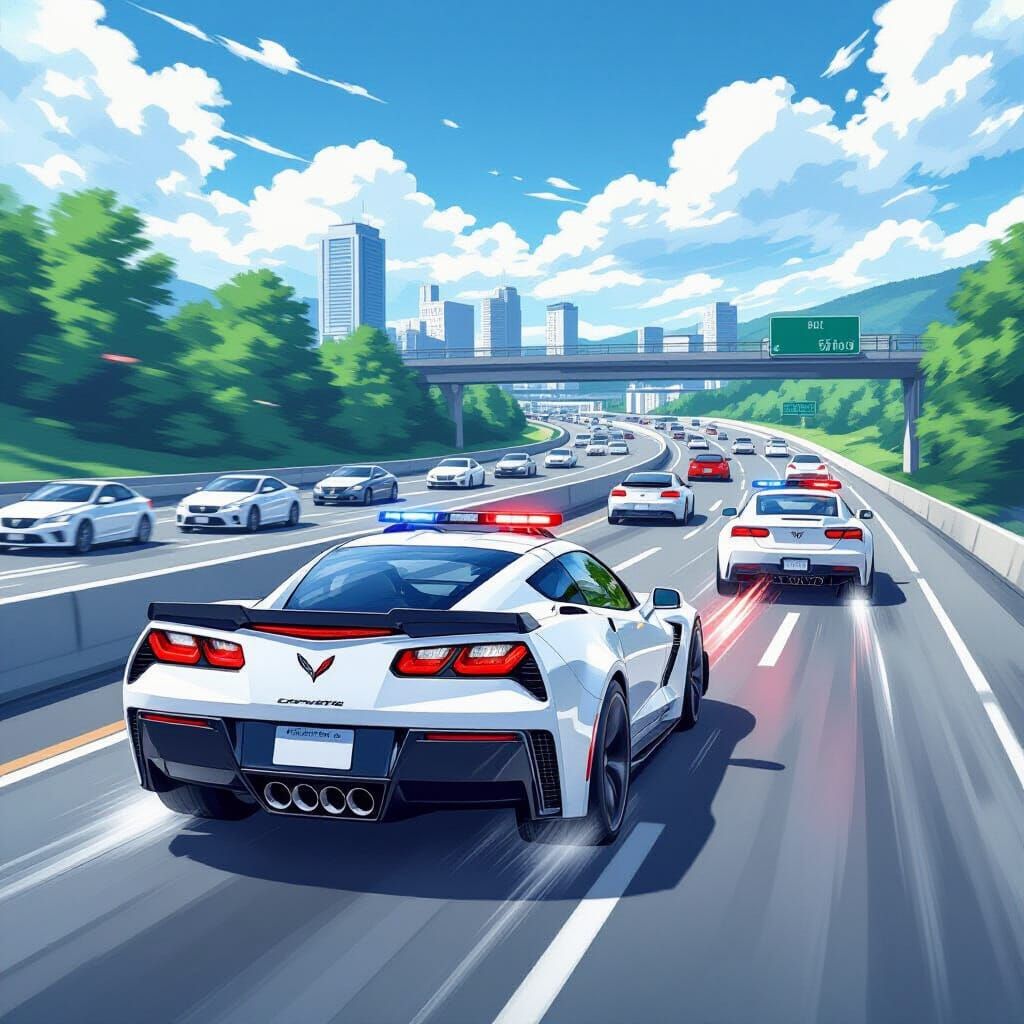 White Corvette Highway Chase in Anime Style