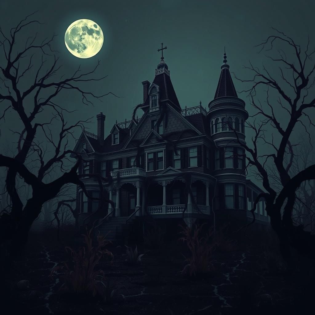 Eerie Victorian Mansion in Dark, Surreal Landscape