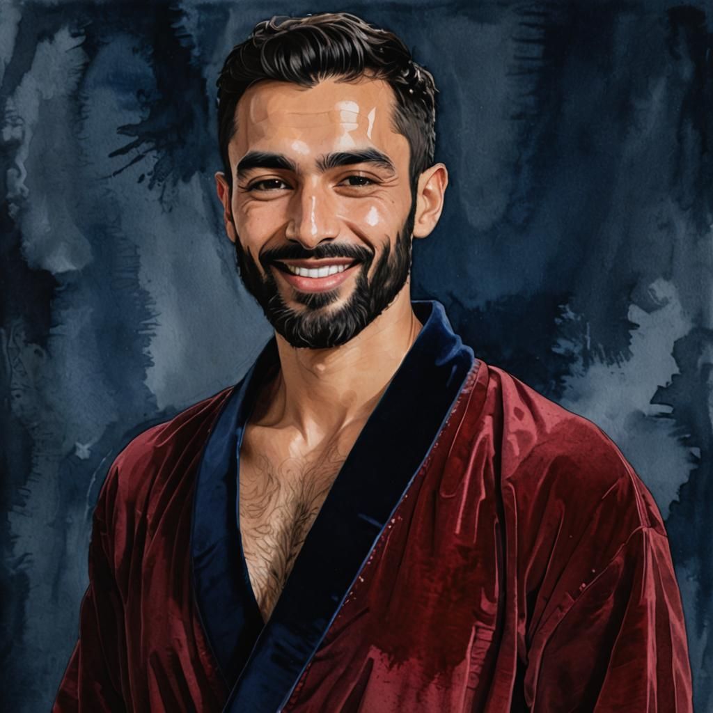 Handsome Man in Velvet Bathrobe, Gouache Style
