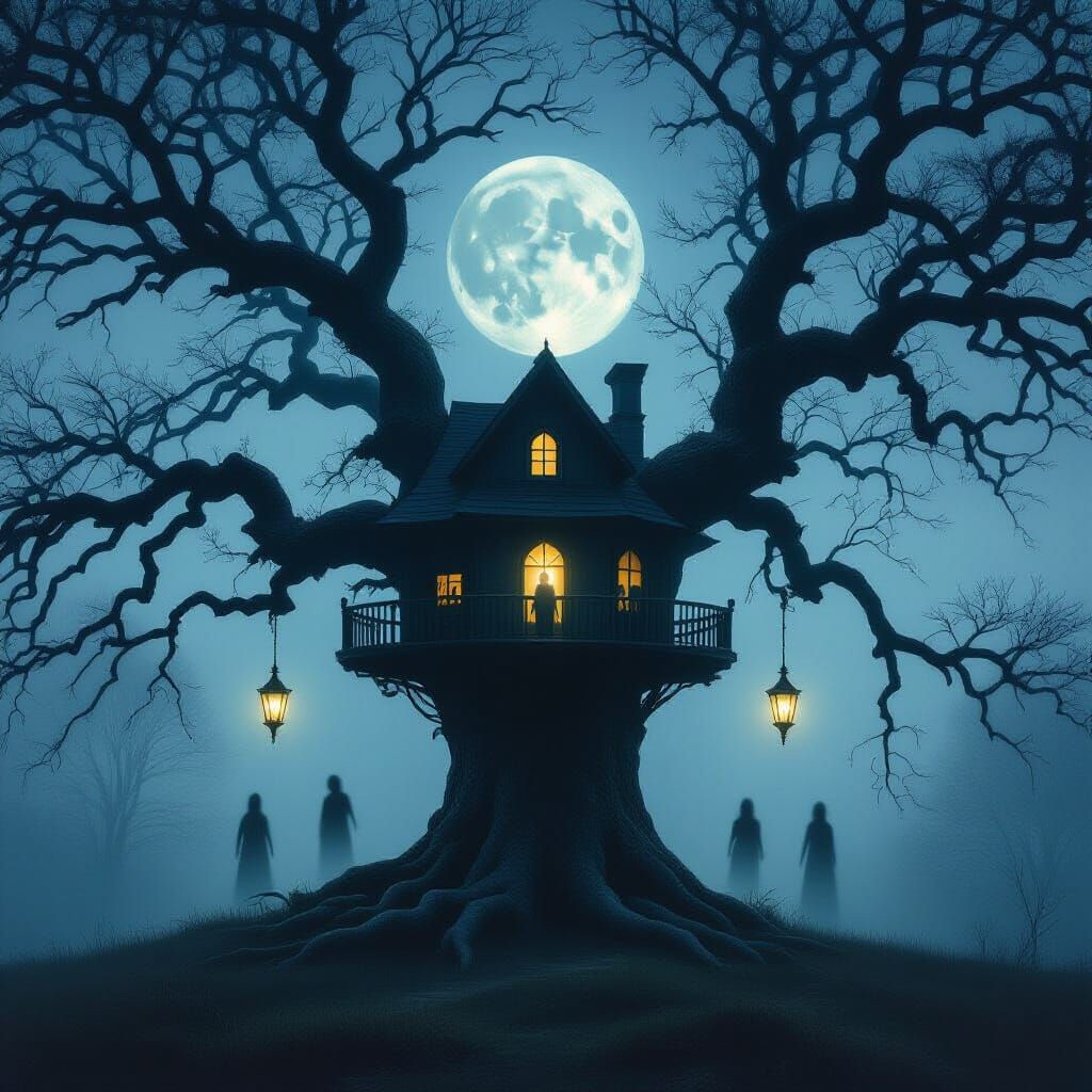 Haunting Treehouse Double Exposure Oil Painting