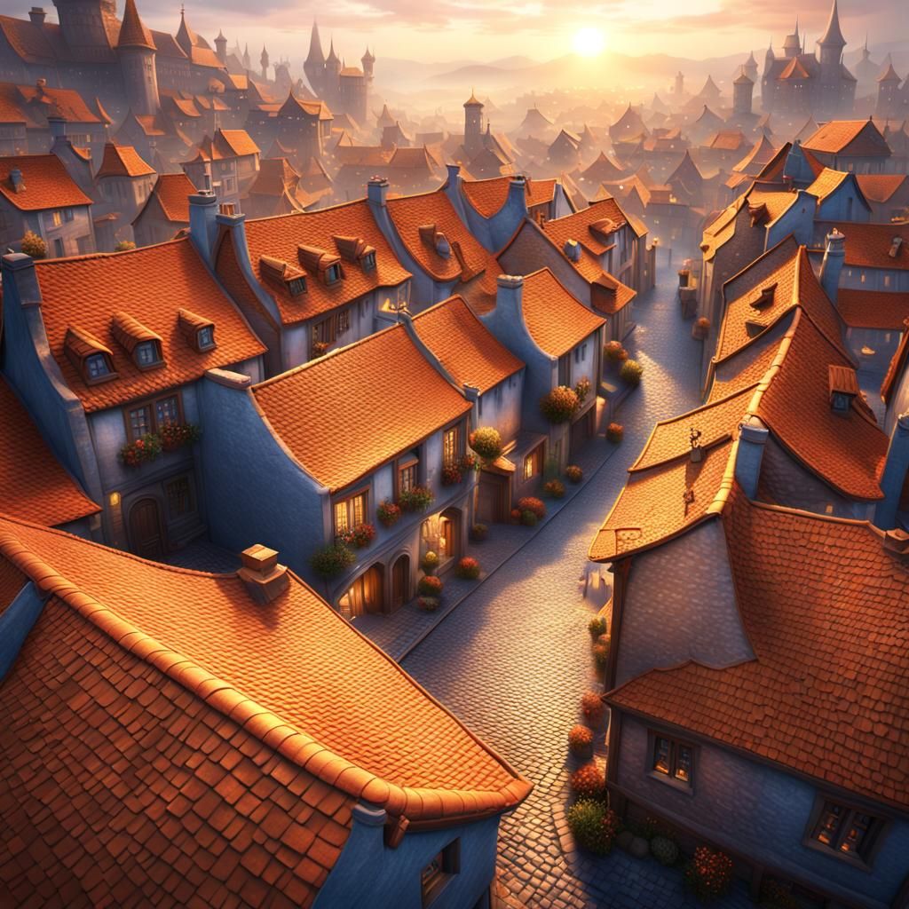 Dreamy Dawn in Sleepy Town: Art Nouveau Matte Painting