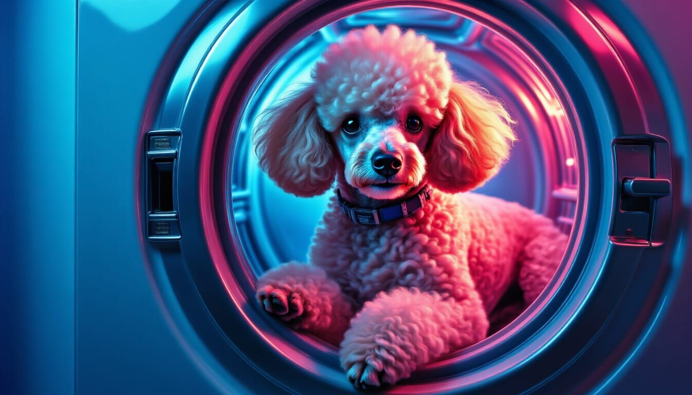 Surreal Poodle in Dryer, Vibrant Colors