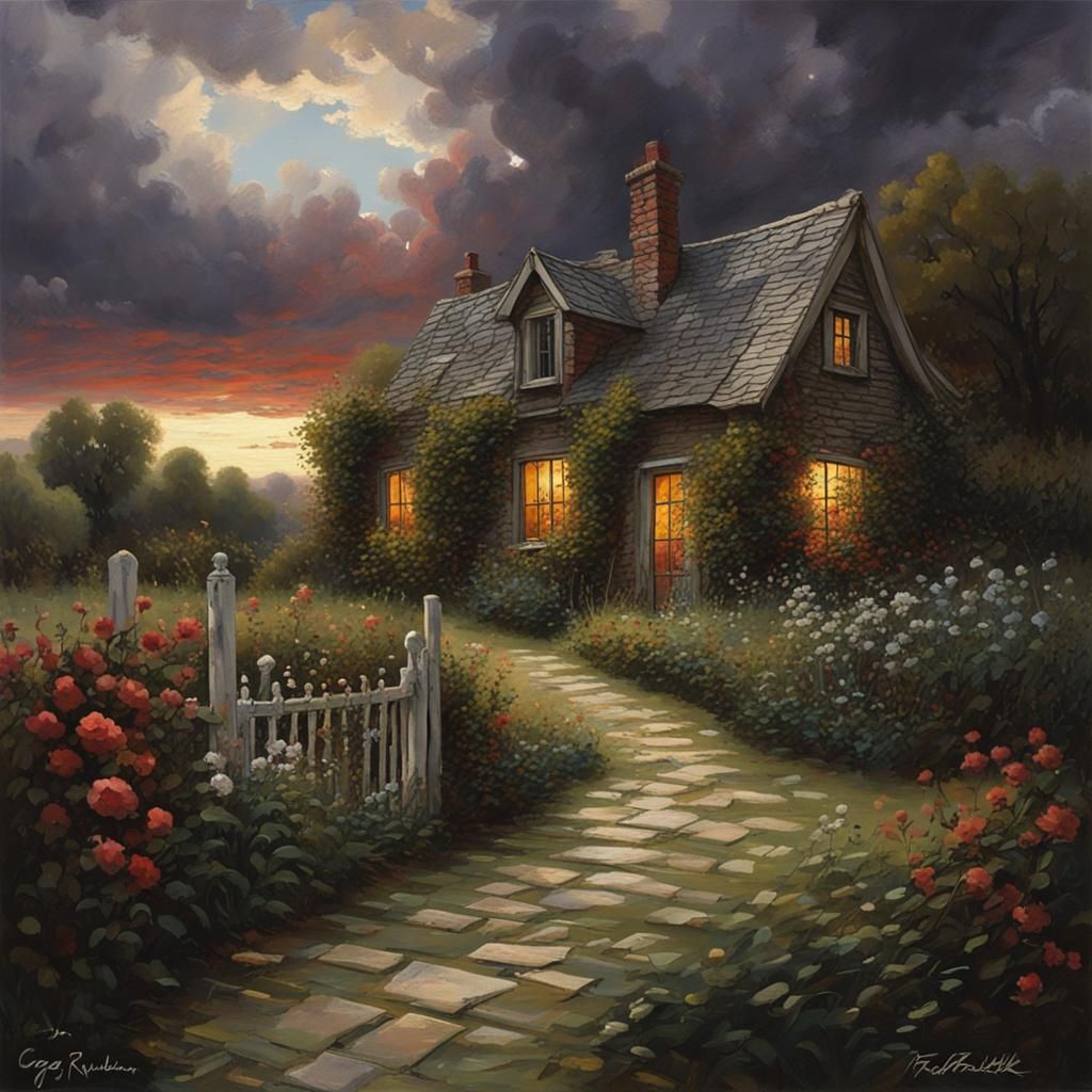 Sinister Garden Path with Cottage, Dramatic Sky