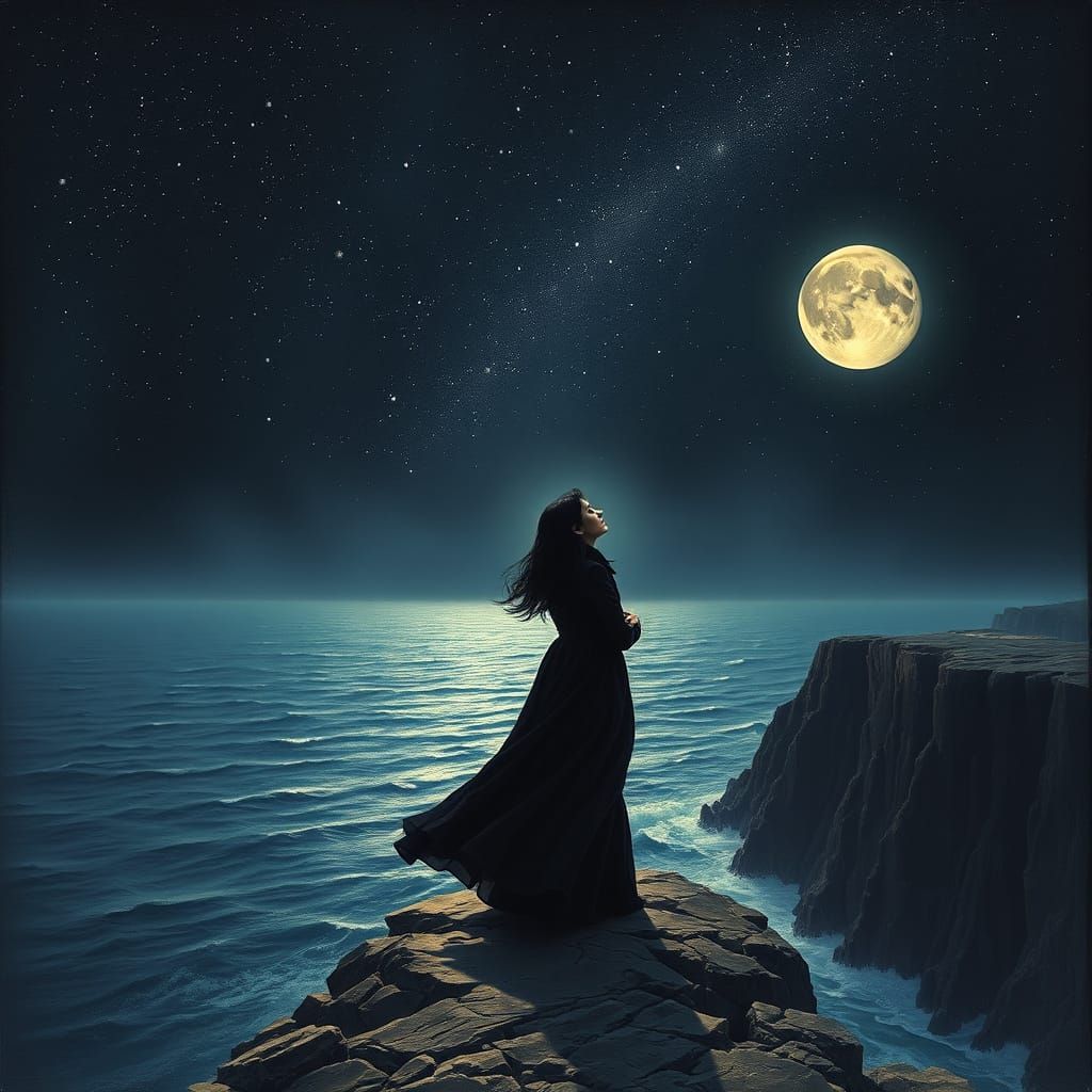 Pained Woman Gazing at Starry Night Sky