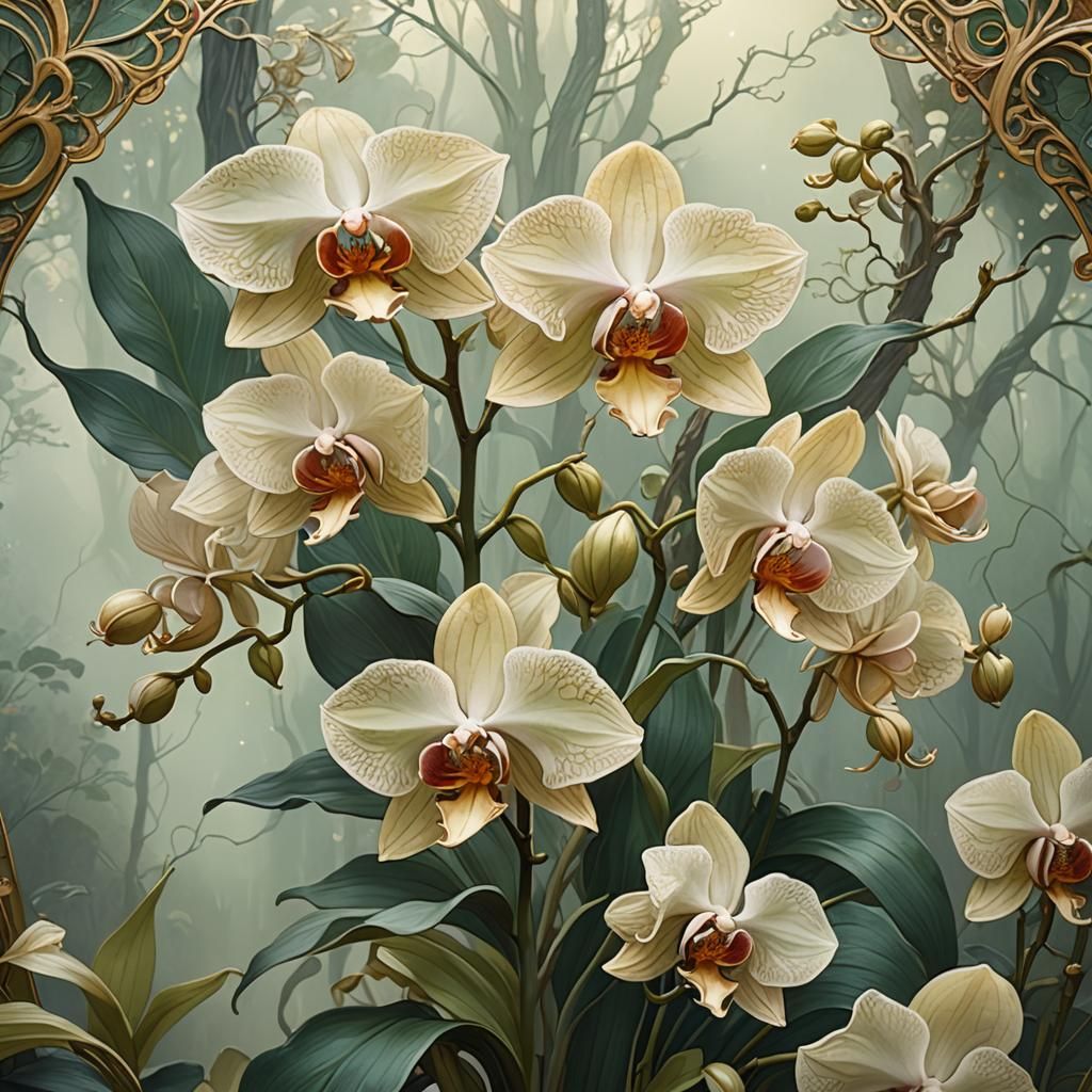 Orchid in Misty Forest: An Art Nouveau Digital Art
