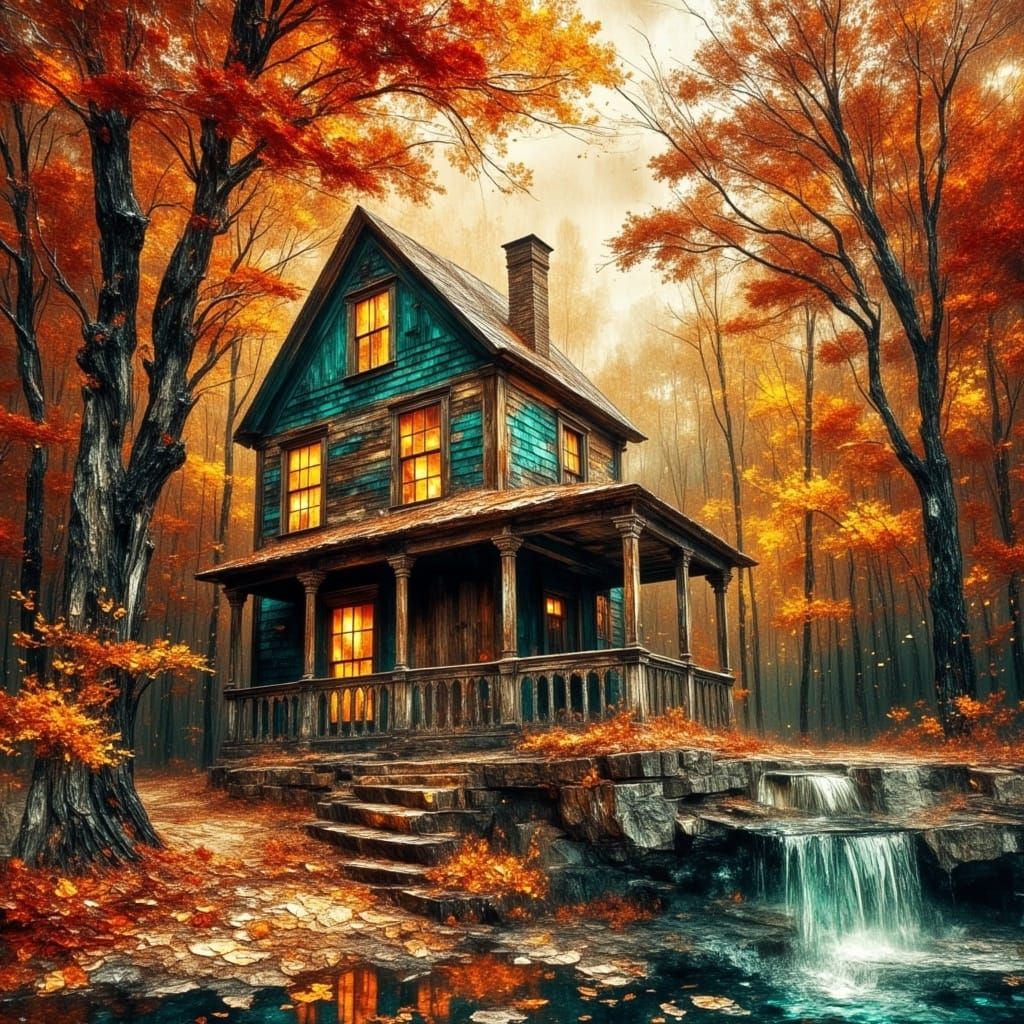 Rustic Old House by Creek in Autumn Golden Hour