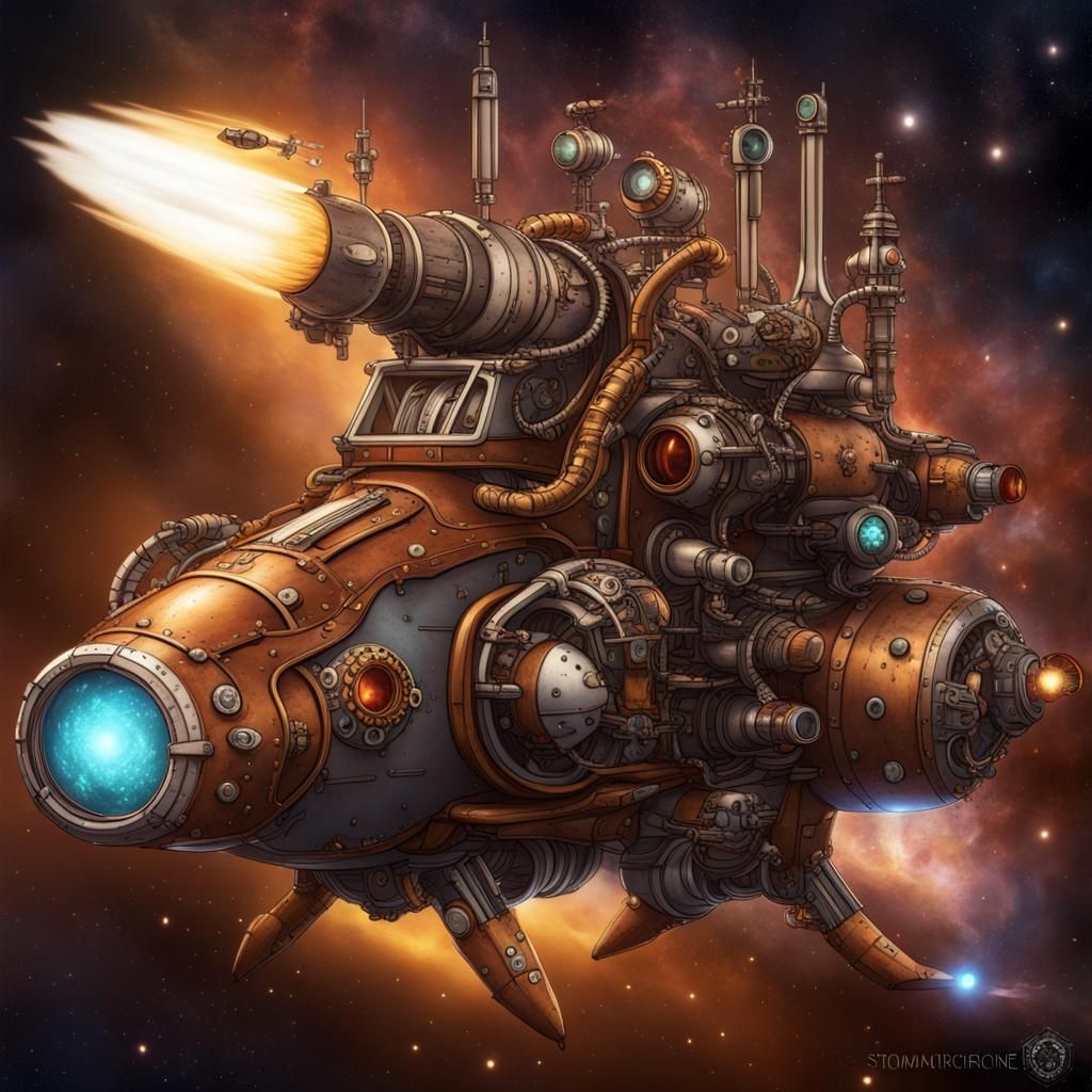 Galactic Foxes' Steampunk Space Cruiser Fighting Bugs