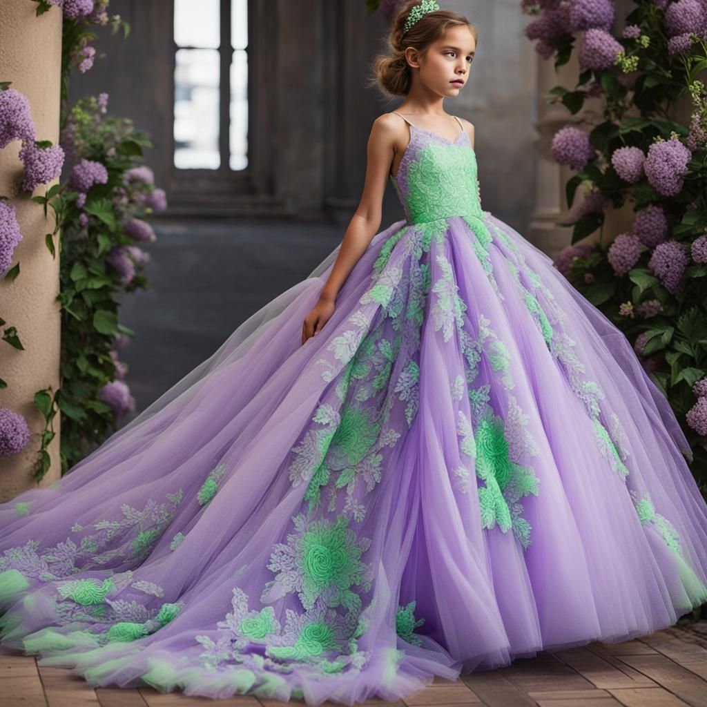 Lilac Tulle Ball Gown with Neon Green Lace