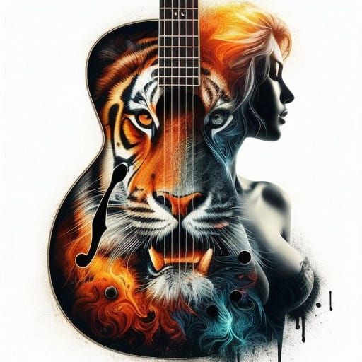 Graffiti Guitar Tiger Silhouette in Vibrant Double Exposure