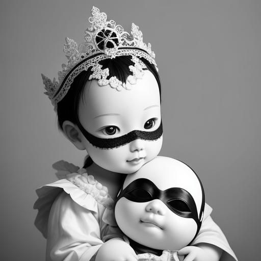 Baby with Porcelain Mask: Black and White Photo