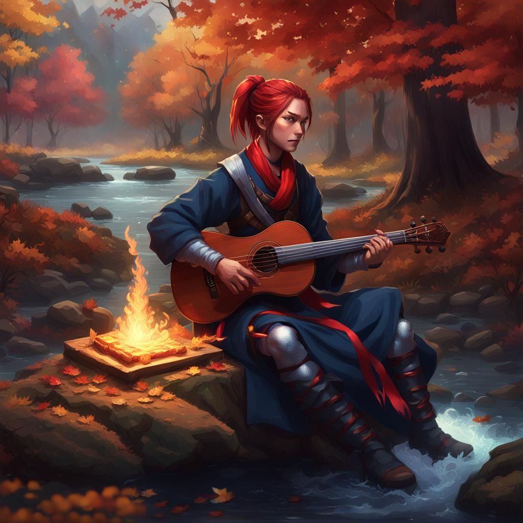 Kunoichi Assassin in Autumn Forest, Dark Fantasy Art