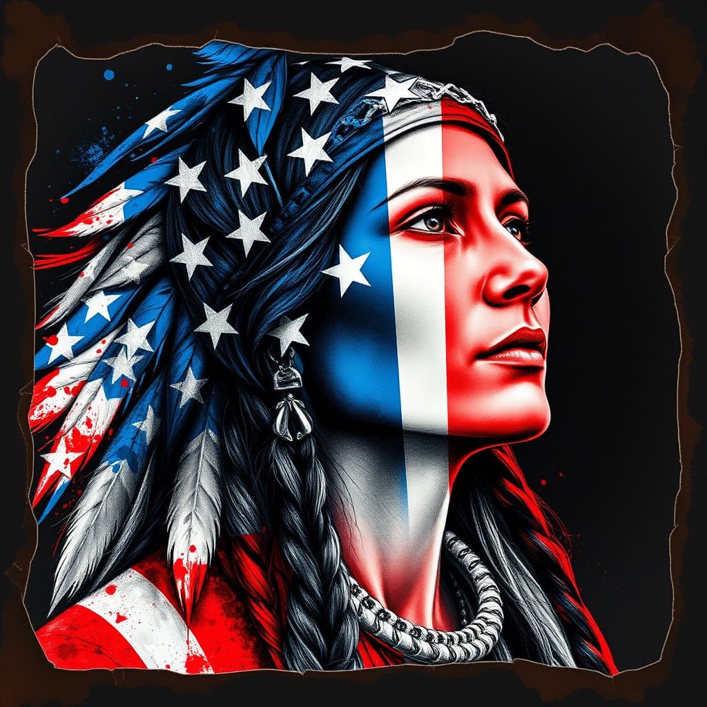 Native American Woman with Flag, Ink Art