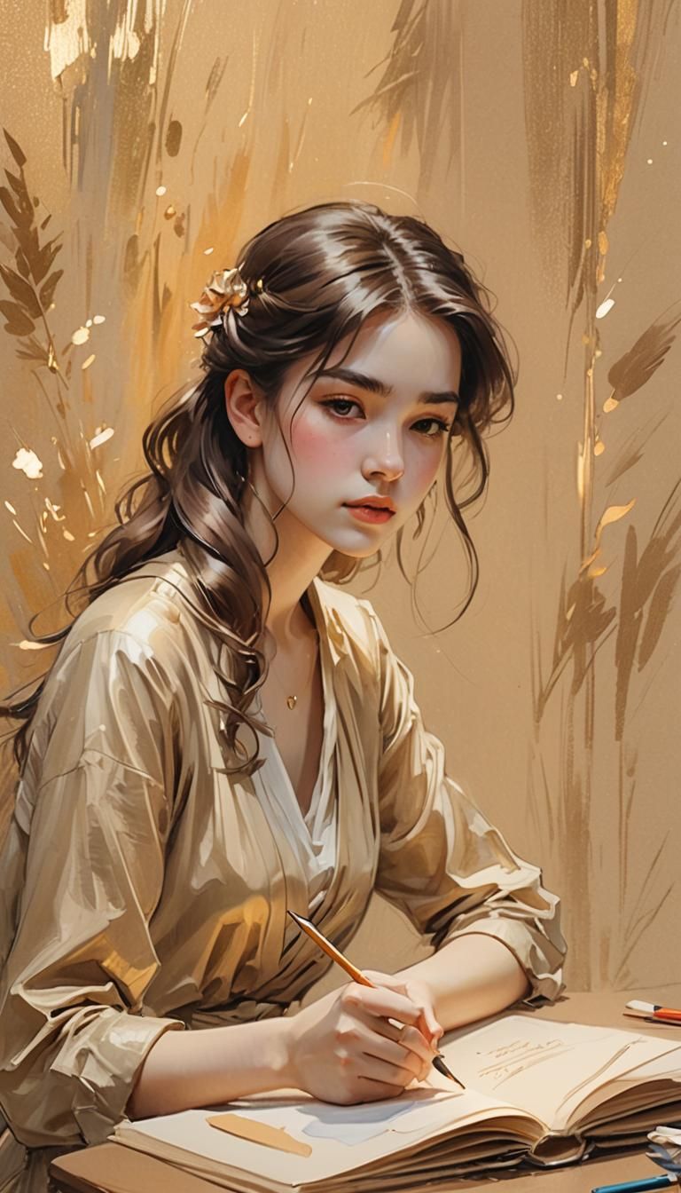 Anime Girl Sketching with Golden Light and Shimmer